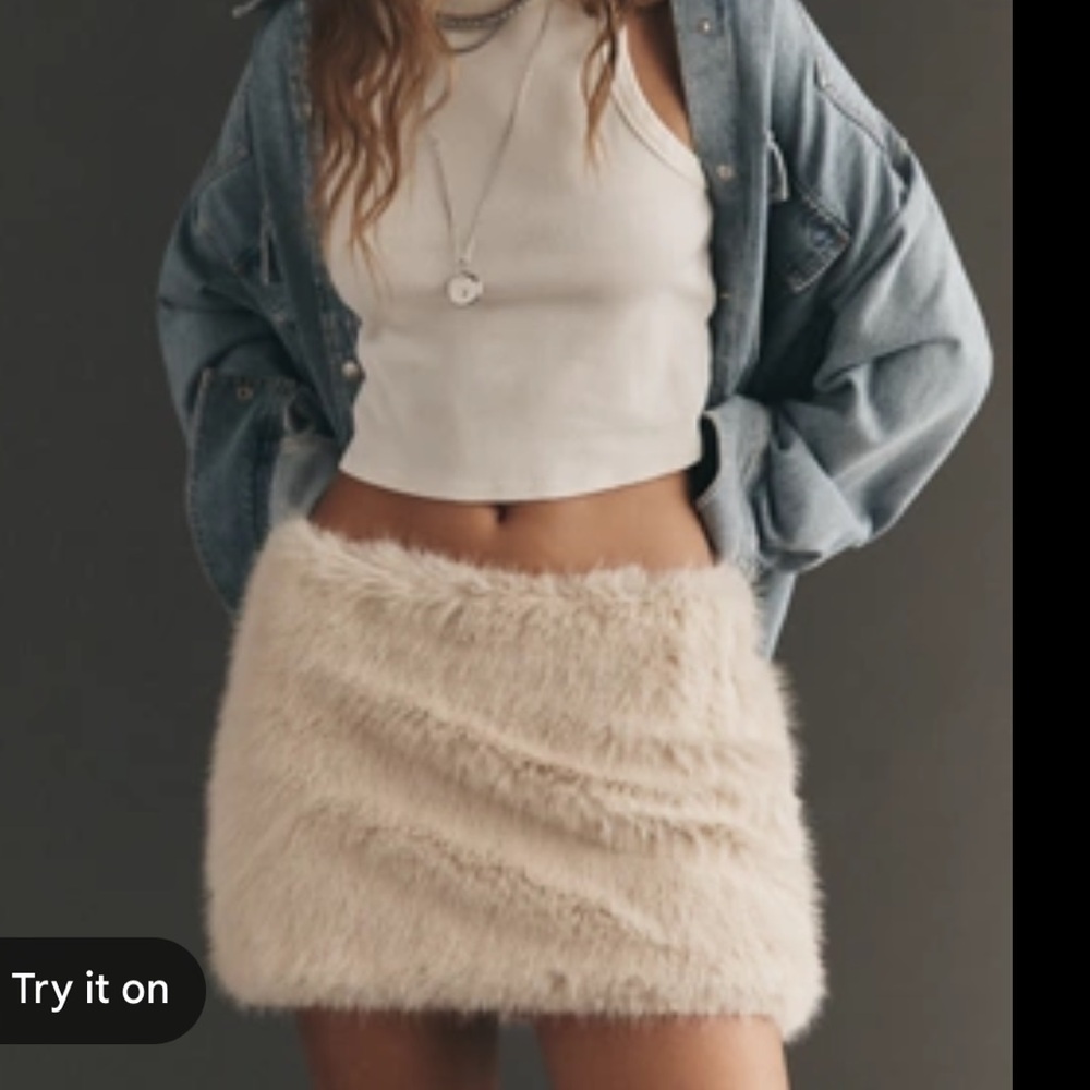 Anthropologie Cream Faux-Fur Mini Skirt XS